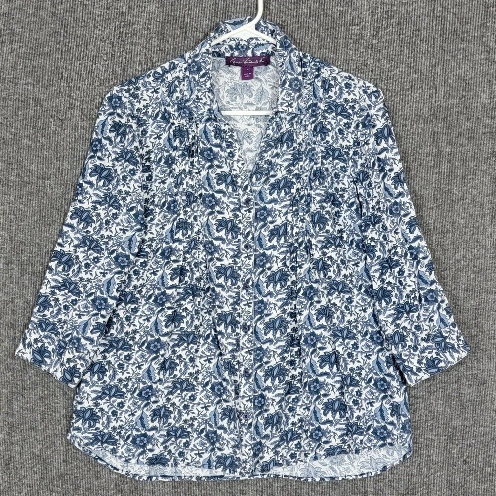 Gloria Vanderbilt Blouse Womens Small Blue White 3/4 Sleeve Floral Giselle Shirt